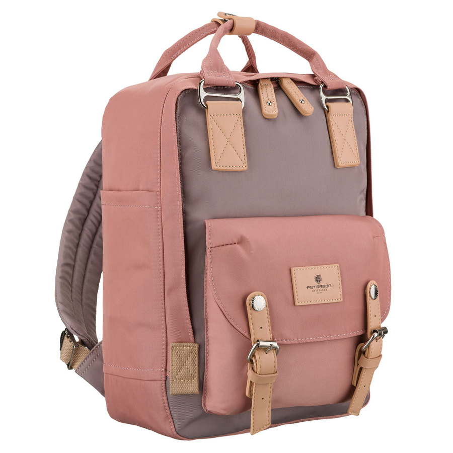 Dámsky ruksak z polyesteru a ekologickej kože v ružovo-sivej farbe, jednokomorový