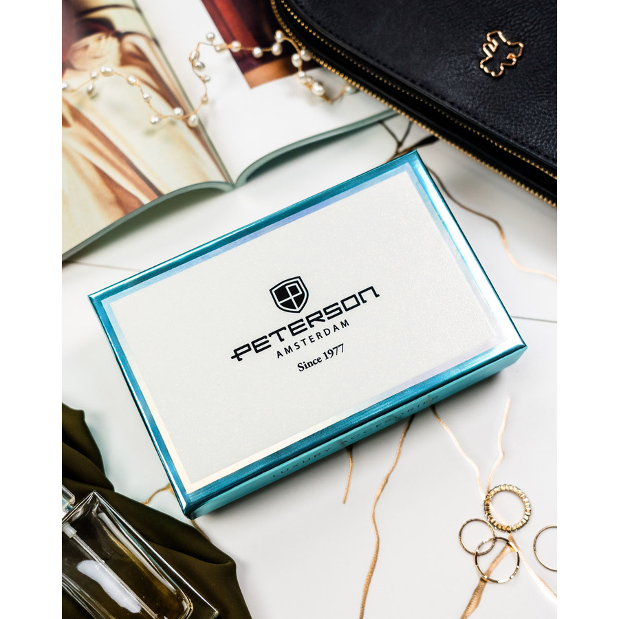 Portfel damski ze skóry naturalnej i ekologicznej w brązowym kolorze, wyposażony w system RFID - Peterson