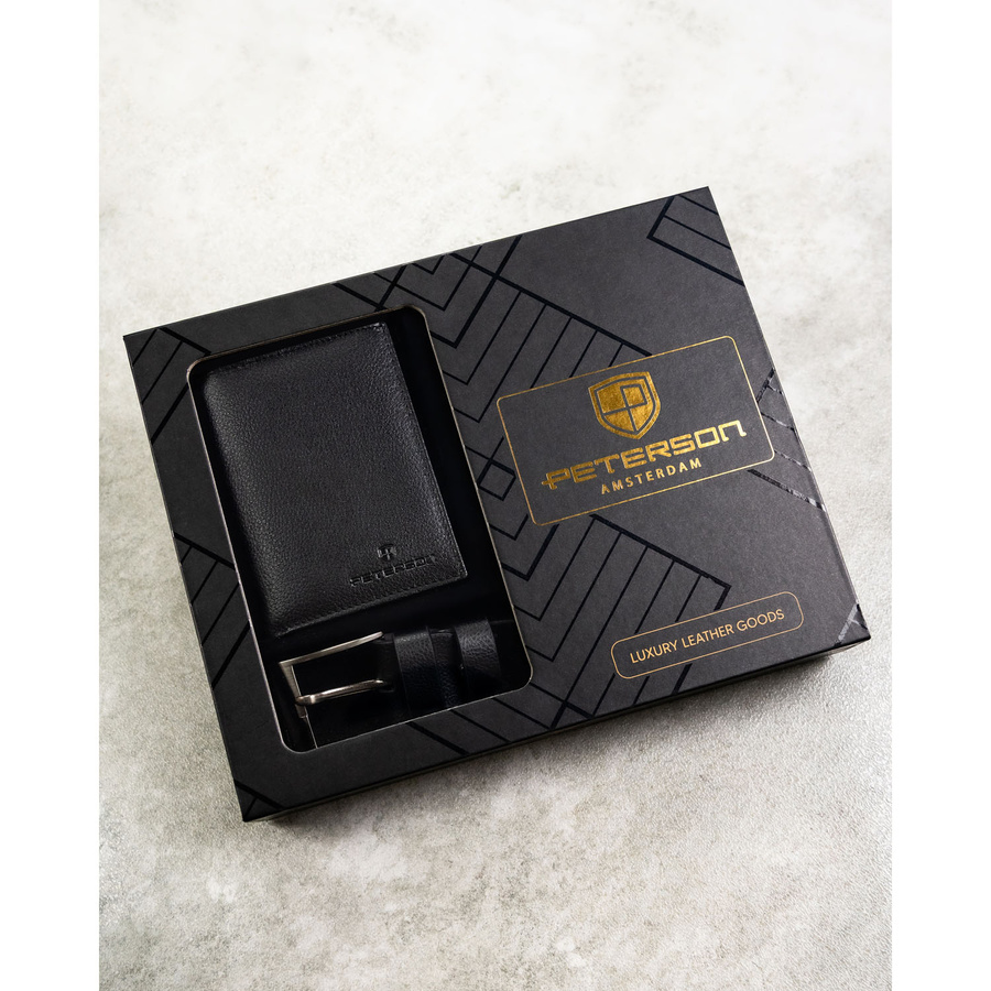 Zestaw prezentowy: skórzany, pionowy portfel męski w czarnym kolorze z systemem RFID i pasek ze skóry ekologicznej - Peterson