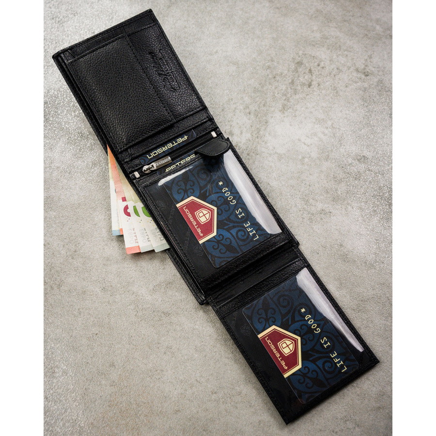 Zestaw prezentowy: skórzany, poziomy portfel męski w czarnym kolorze z systemem RFID i pasek ze skóry ekologicznej - Peterson