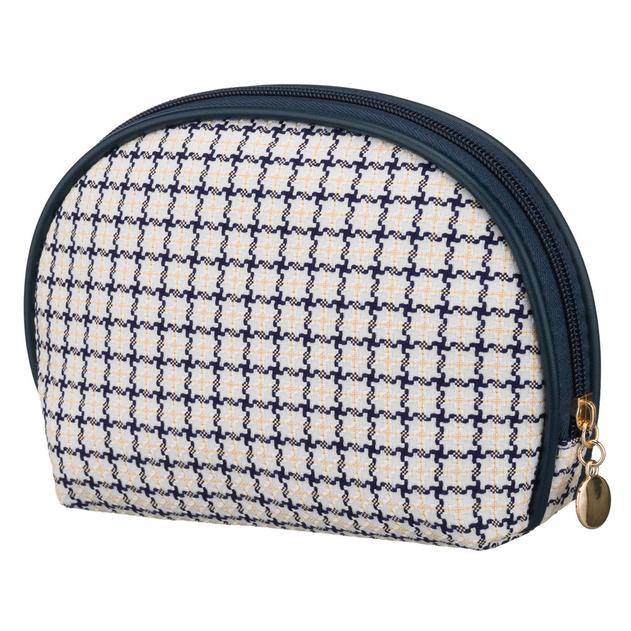 Beżowo-granatowa kosmetyczka damska w kratę zamykana suwakiem - Rovicky
