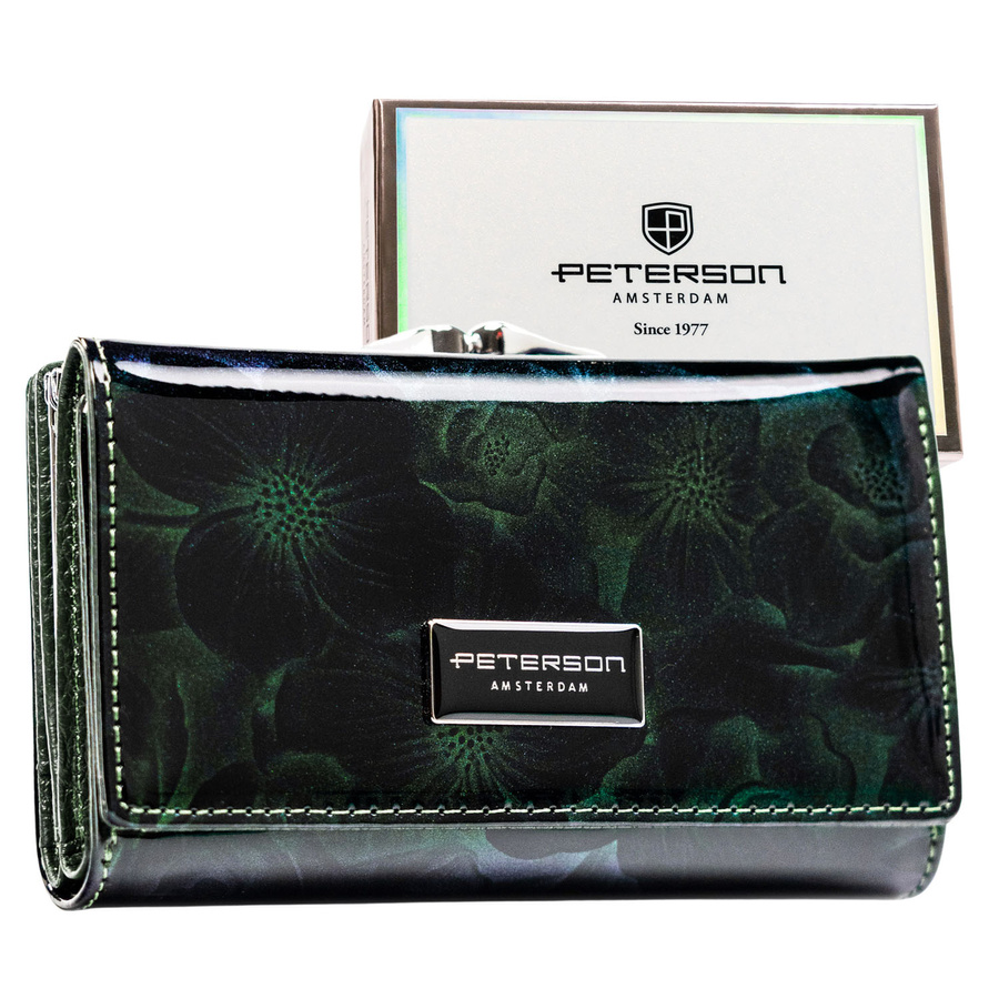 Zelená lakovaná dámska peňaženka s kvetmi, patentom a klipom s RFID ochranou – Peterson
