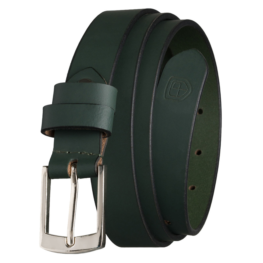Skórzany, zielony pasek damski ze srebrną, klasyczną klamrą - Peterson