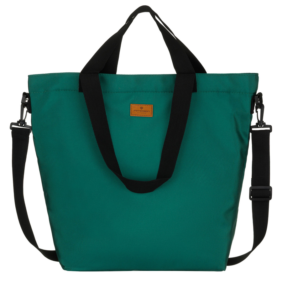 Duża, ciemnozielona shopperka damska z poliestru, zawieszona na uchwytach i doczepianym pasku - Peterson