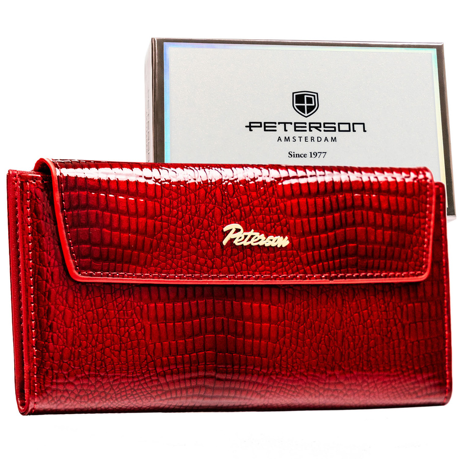 Duży, poziomy portfel damski ze skóry ekologicznej w czerwonym kolorze z tłoczeniem na wzór skóry krokodyla - Peterson