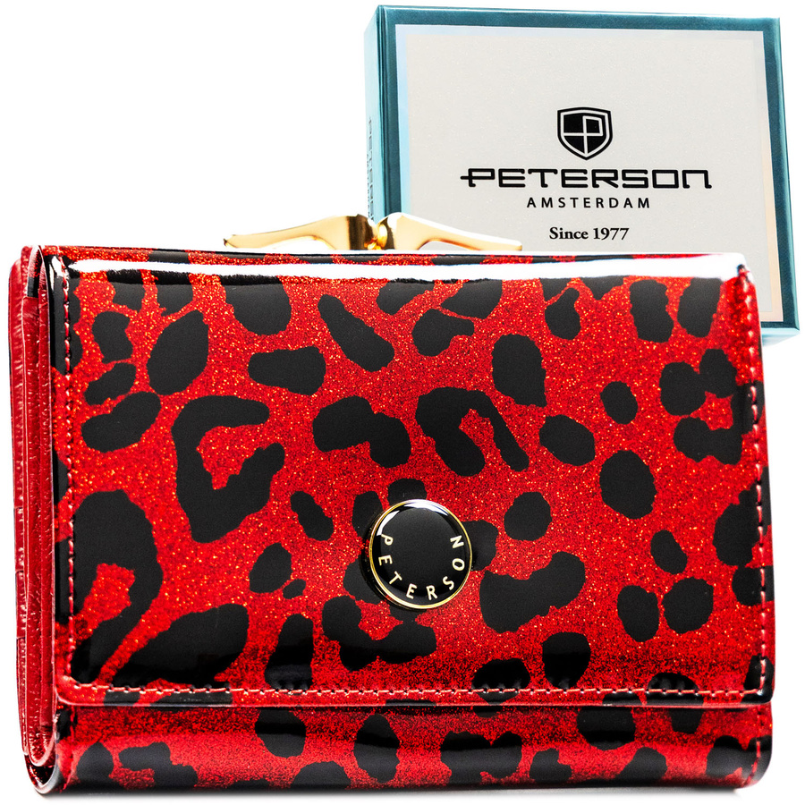 Czerwony portfel damski ze skóry ekologicznej i naturalnej w cętki, zamykany biglem i zatrzaskiem - Peterson
