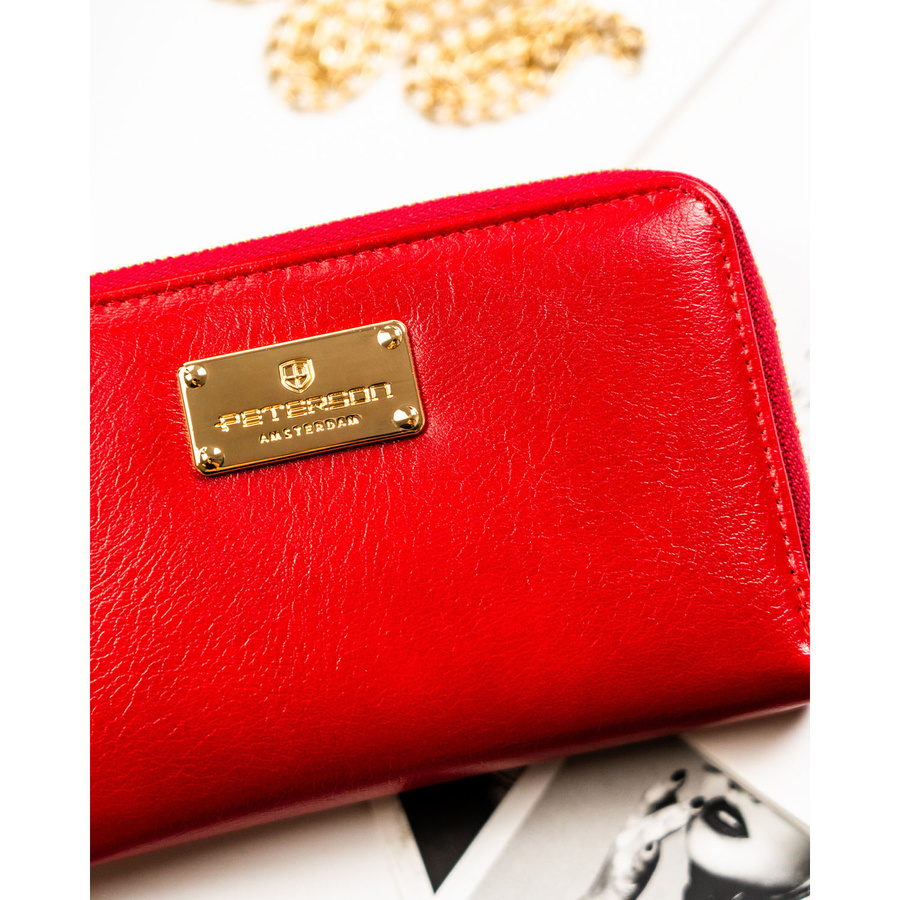 Czerwony portfel damski w typie piórnika ze skóry ekologicznej wyposażony w system RFID - Peterson