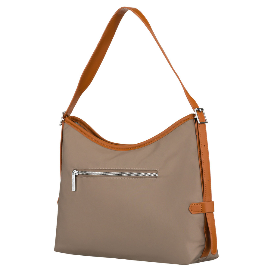 Beżowa listonoszka damska z poliestru i skóry ekologicznej wyposażona w kieszonkę zewnętrzną - Peterson