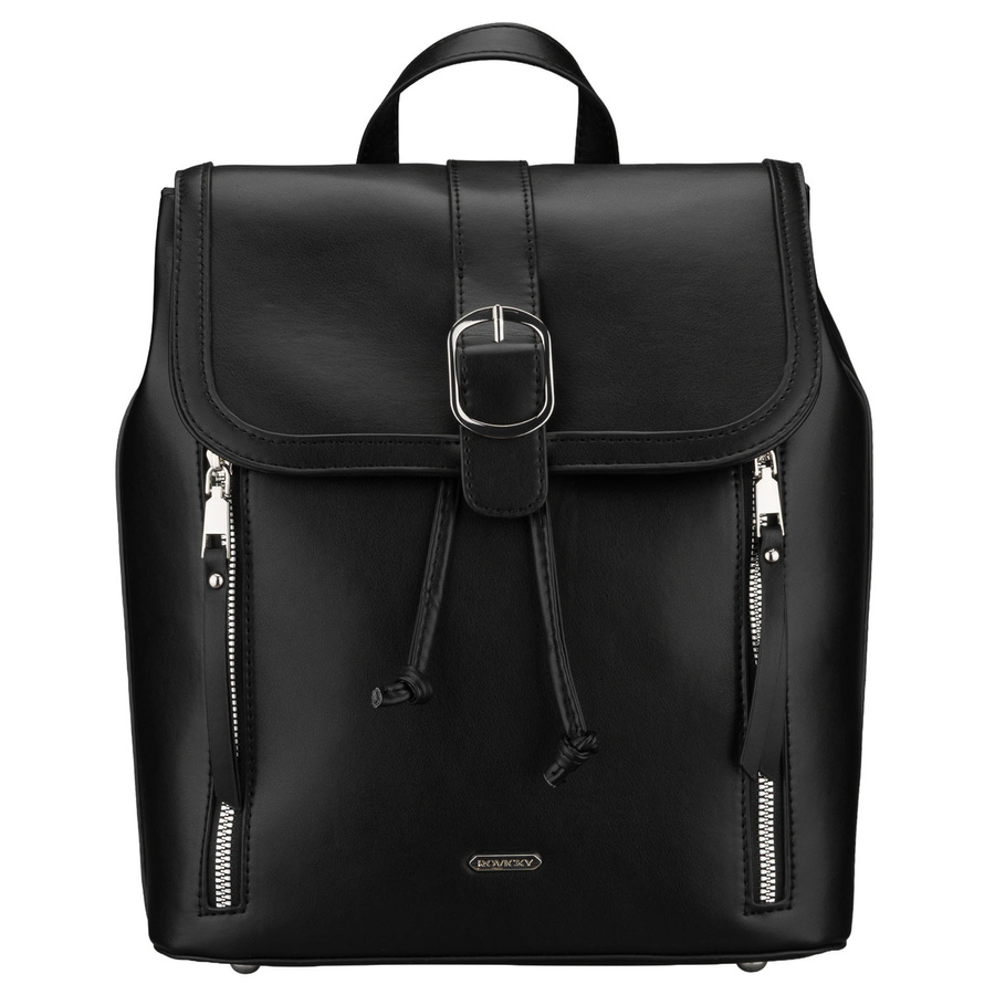 Czarny, niewielki plecak damski ze skóry ekologicznej wyposażony w nóżki ochronne - Rovicky