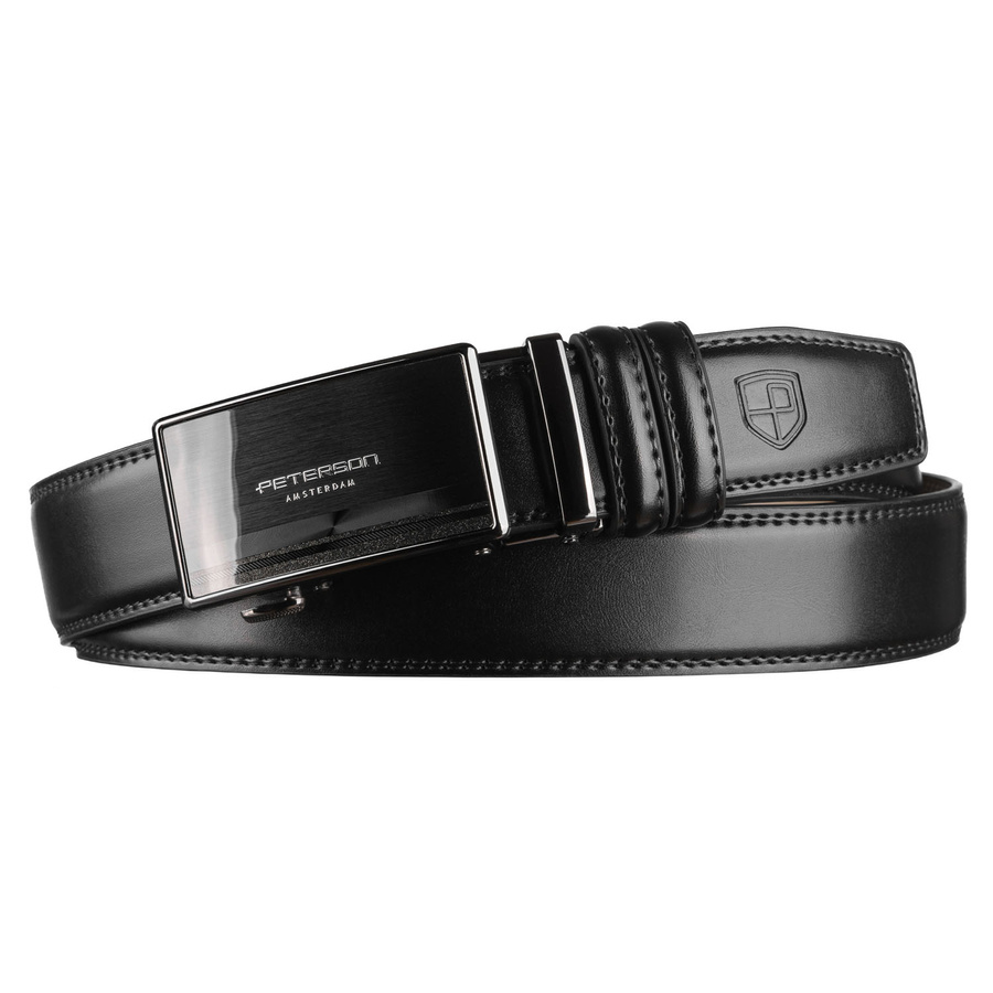Elegancki, skórzany pasek męski w czarnym kolorze z automatyczną klamrą - Peterson