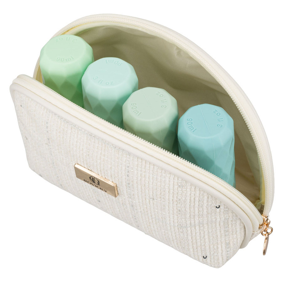 Beżowa kosmetyczka damska wykonana z materiału syntetycznego z ozdobnymi cekinami - Rovicky