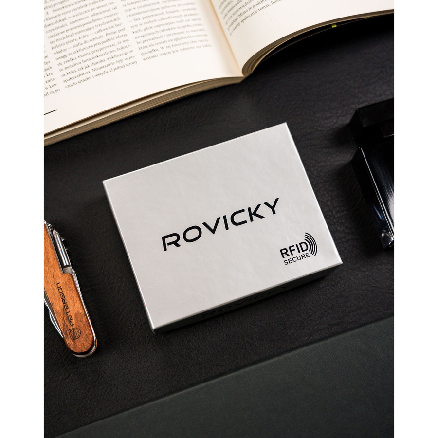 Banknotówka męska ze skóry naturalnej w czarnym kolorze - Rovicky