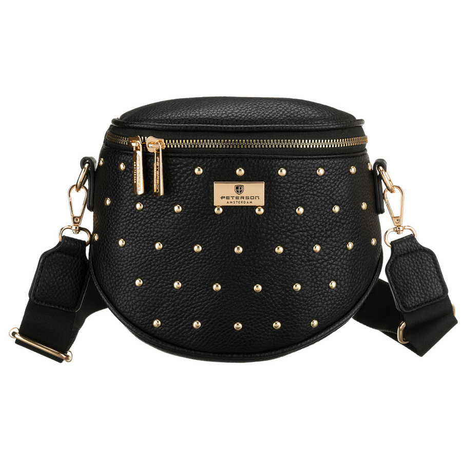 Czarna, praktyczna nerka damska ze skóry ekologicznej ozdobiona ćwiekami - Peterson