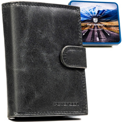 Pionowy portfel męski ze skóry naturalnej w czarnym kolorze zamykany na zatrzask - Peterson