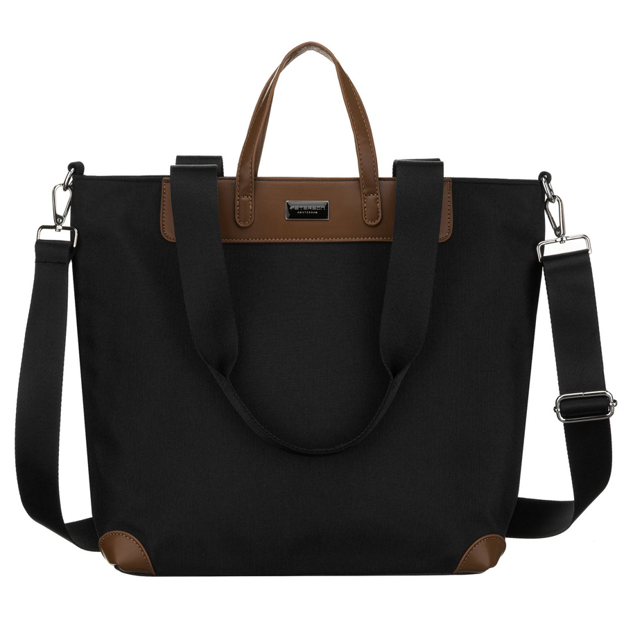 Duża, czarna shopperka damska na uchwytach i doczepianym pasku - Peterson