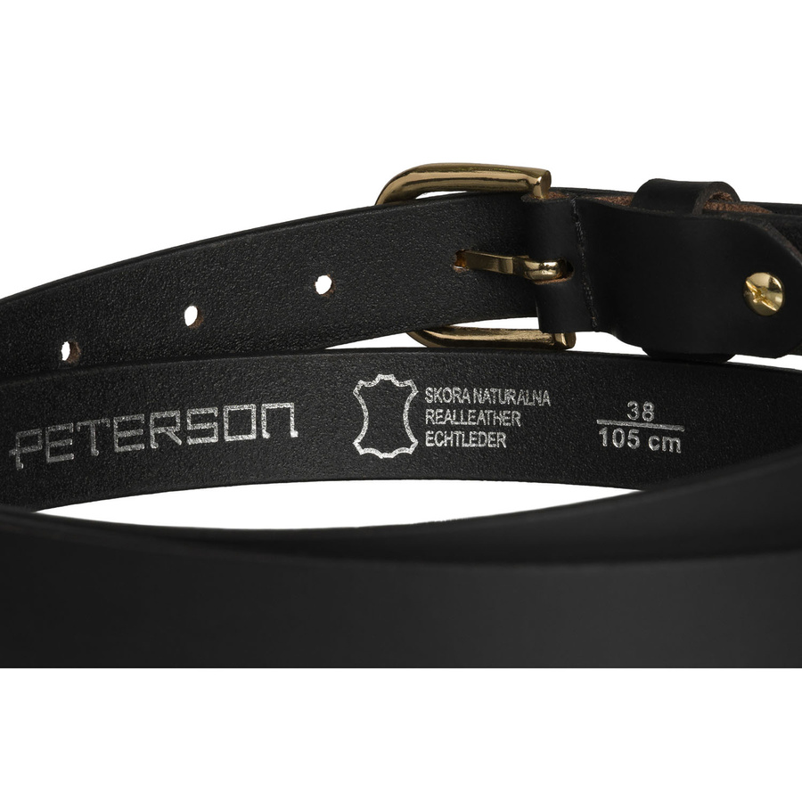 Elegancki pasek damski ze skóry naturalnej w czarnym kolorze ze złotą, klasyczną klamrą - Peterson