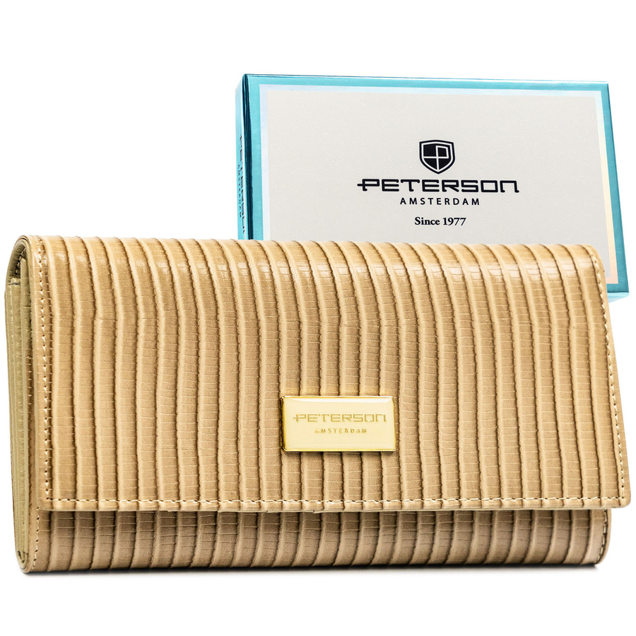 Veľká béžová dámska kožená peňaženka s pleteným vzorom a RFID ochranou