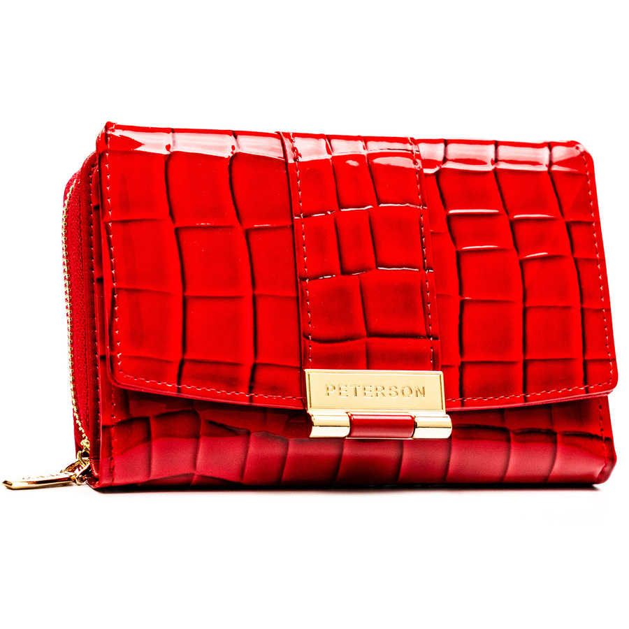 Portfel damski wykonany ze skóry ekologicznej w czerwonym kolorze z tłoczonym wzorem krokodylej skóry - Peterson