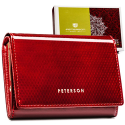 Duży portfel damski ze skóry naturalnej w czerwonym kolorze, zamykany zatrzaskiem - Peterson