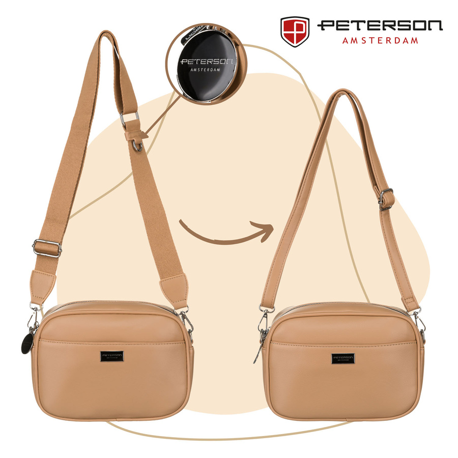 Miejska, beżowa listonoszka damska ze skóry ekologicznej w komplecie dwa paski na ramię crossbody Peterson