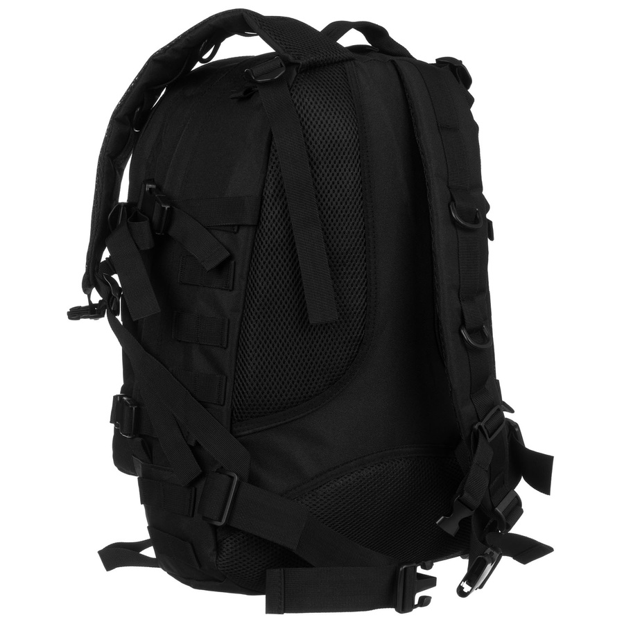 Czarny plecak militarny zawieszony na regulowanych szelkach, trzykomorowy - Peterson