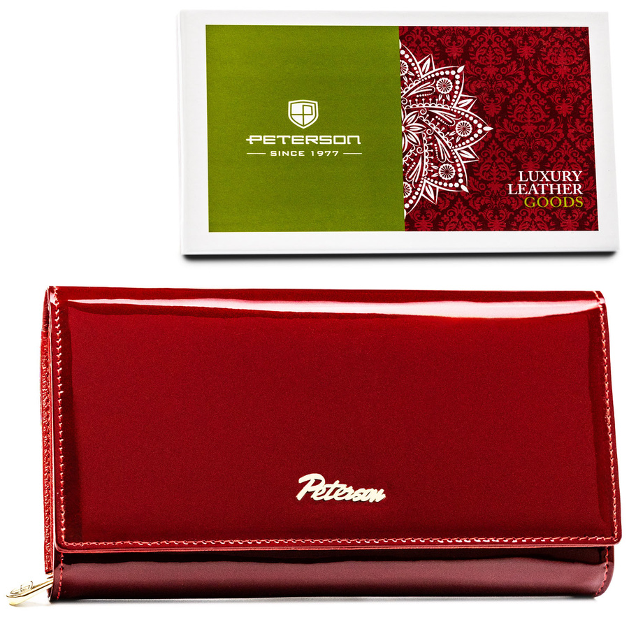 Duży, czerwony portfel damski z lakierowanej skóry naturalnej zamykany na zatrzask - Peterson
