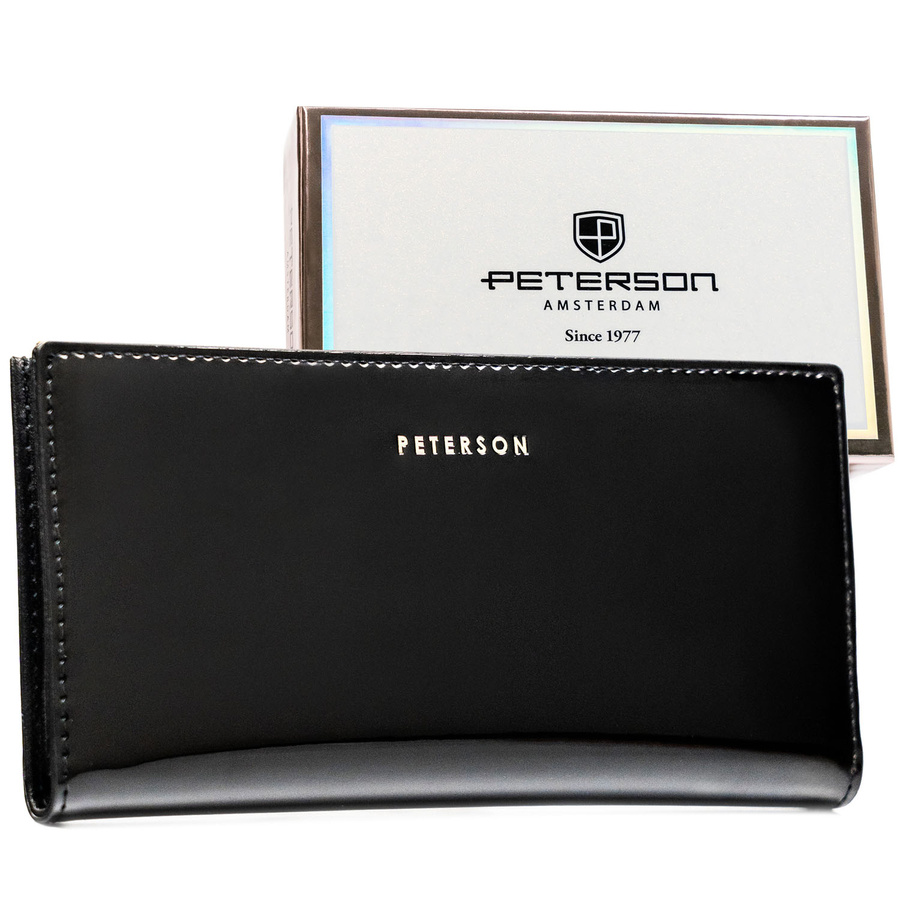 Veľká dámska čierna lakovaná peňaženka z ekologickej kože – RFID ochrana – Peterson