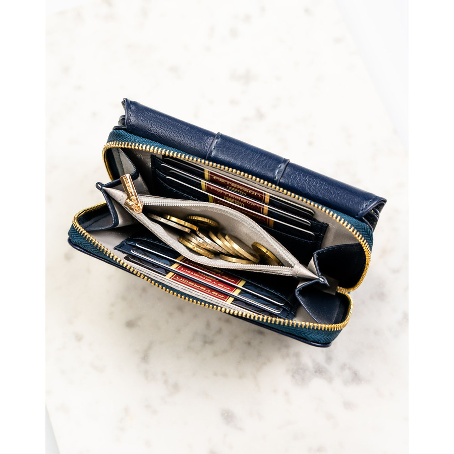 Granatowy, poziomy portfel damski wykonany ze skóry ekologicznej i zamykany na zatrzask - Peterson