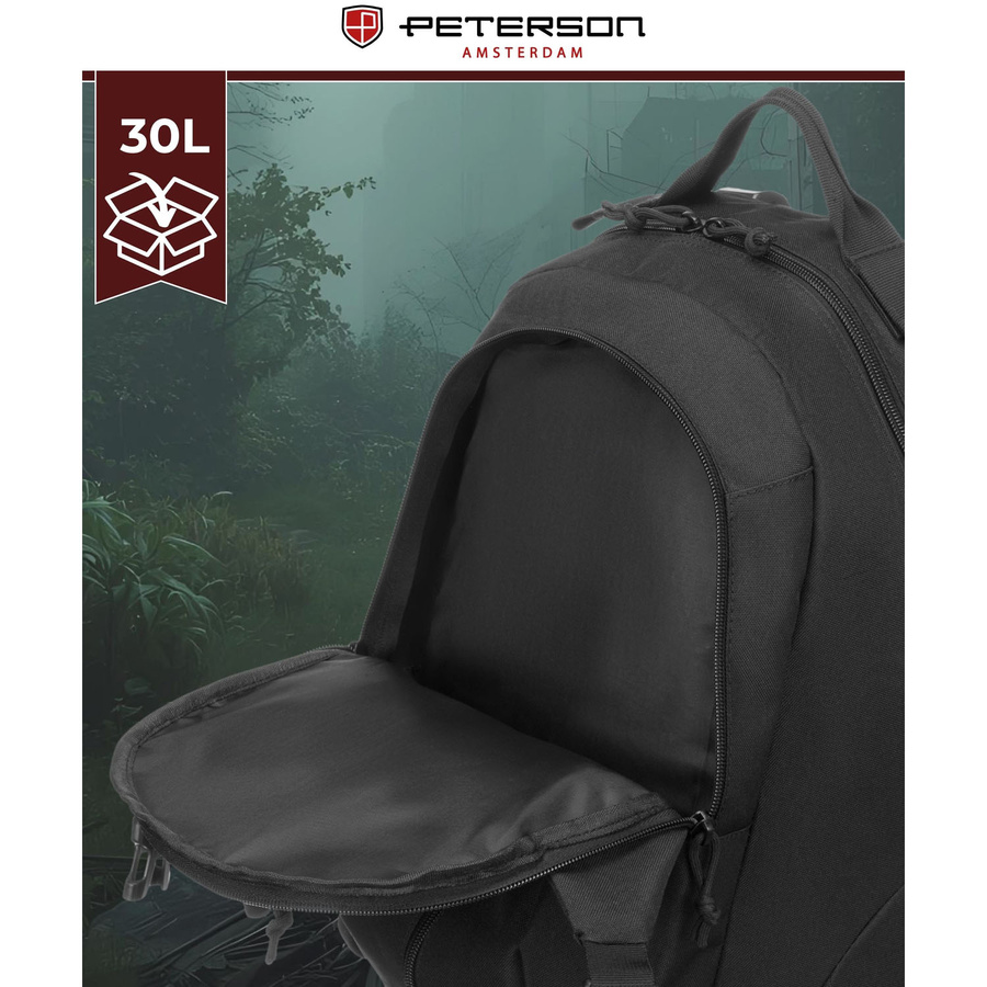 Czarny, wojskowy plecak militarny wyposażony w pasy kompresyjne - Peterson