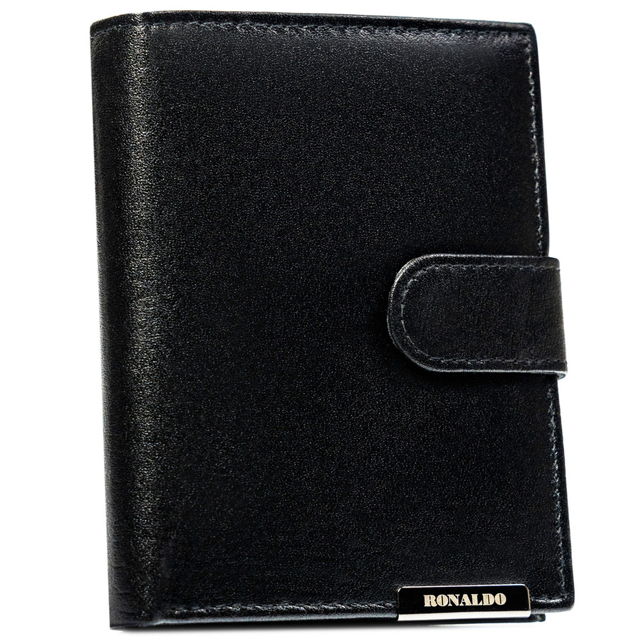 Duży, pionowy portfel męski ze skóry naturalnej w czarnym kolorze zamykany na zatrzask - Ronaldo