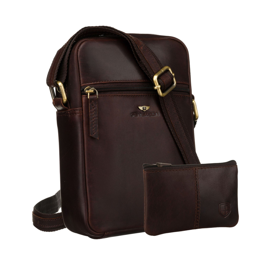 Skórzana listonoszka męska w brązowym kolorze, zamykana na złoty suwak w zestawie z saszetką - Peterson