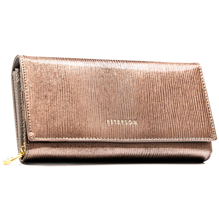 Portfel damski ze skóry naturalnej w brązowym kolorze, wyposażony w system RFID - Peterson