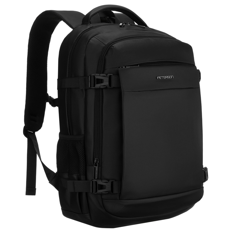 Duży plecak podróżny w czarnym kolorze z miejscem na laptopa, zamykany suwakiem - Peterson