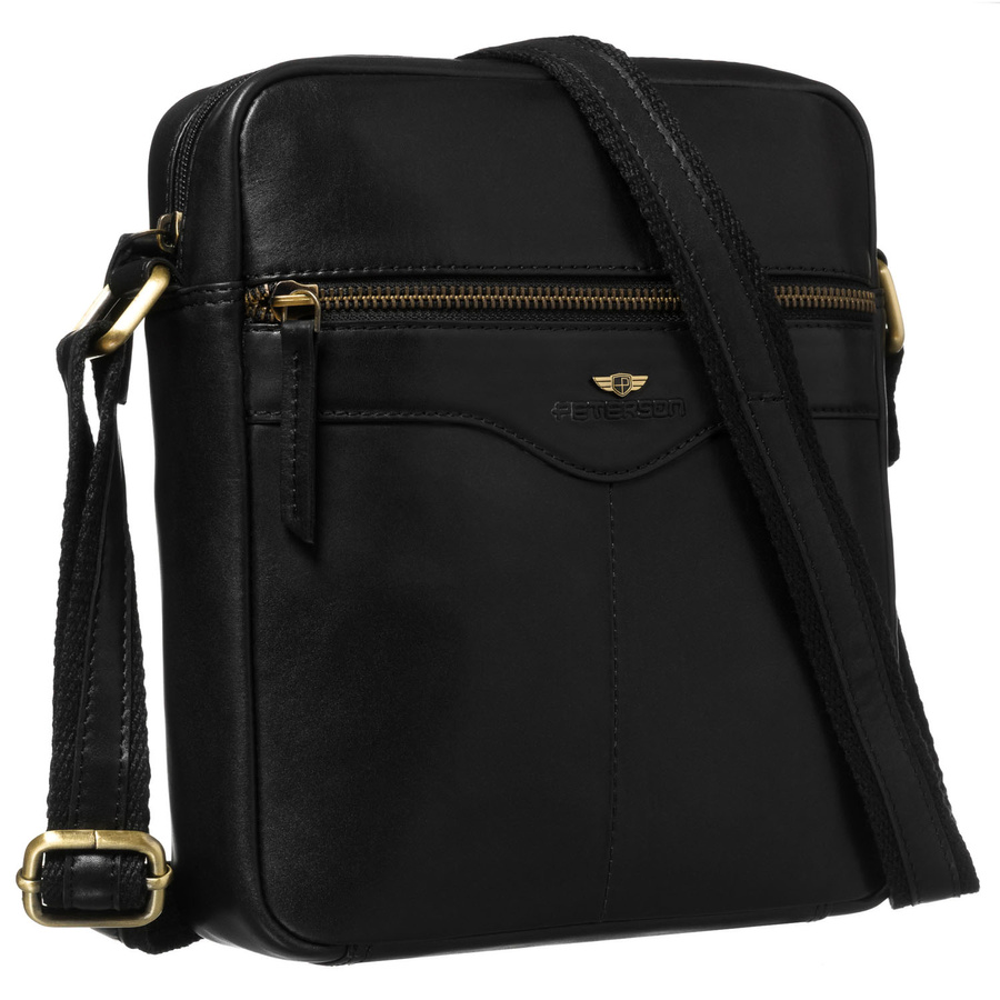 Czarna, skórzana listonoszka męska z kieszonką, zamykana na suwak - Peterson