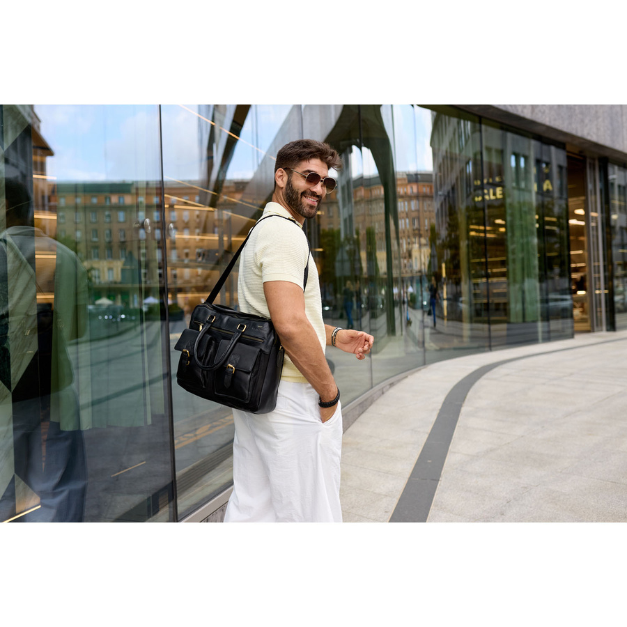 Męska torba na laptopa ze skóry naturalnej w czarnym kolorze - Peterson