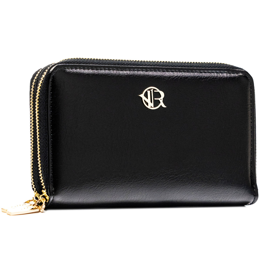 Duży, czarny portfel damski ze skóry ekologicznej zamykany suwakiem - Rovicky