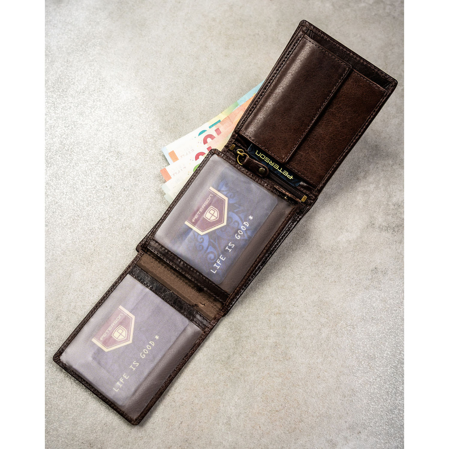 Duży portfel męski ze skóry naturalnej w brązowym kolorze wyposażony w system RFID - Peterson