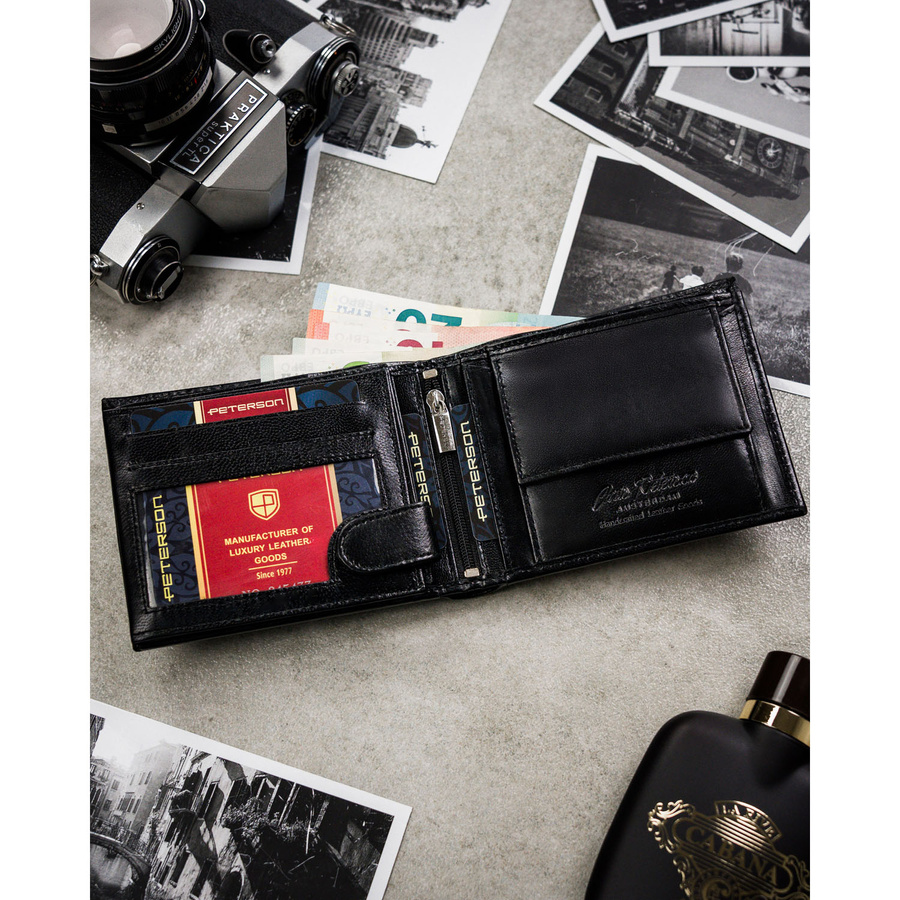 Zestaw prezentowy: skórzany portfel męski w czarnym kolorze z systemem RFID i pasek ze skóry ekologicznej - Peterson