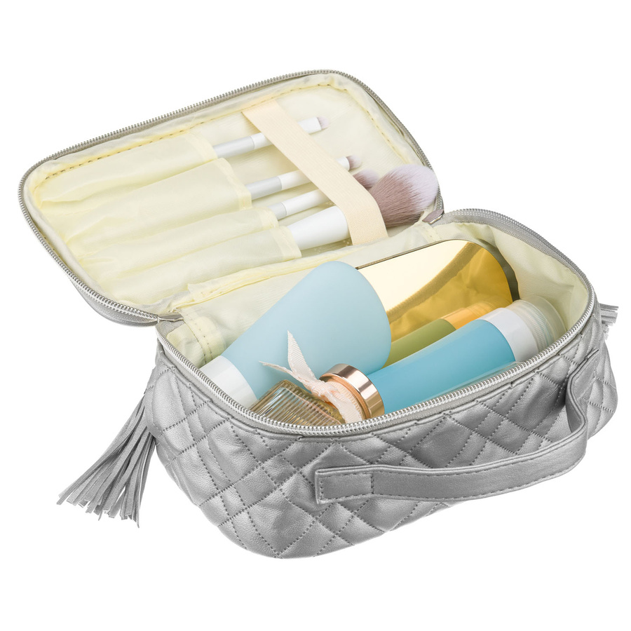 Jednokomorowa, srebrna kosmetyczka z tkaniny syntetycznej zamykana suwakiem - Peterson