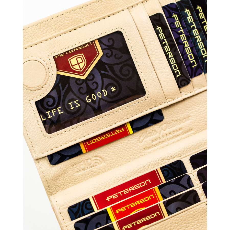 Beżowy, pionowy portfel damski zamykany na magnes i suwak, wykonany ze skóry naturalnej i ekologicznej - Peterson