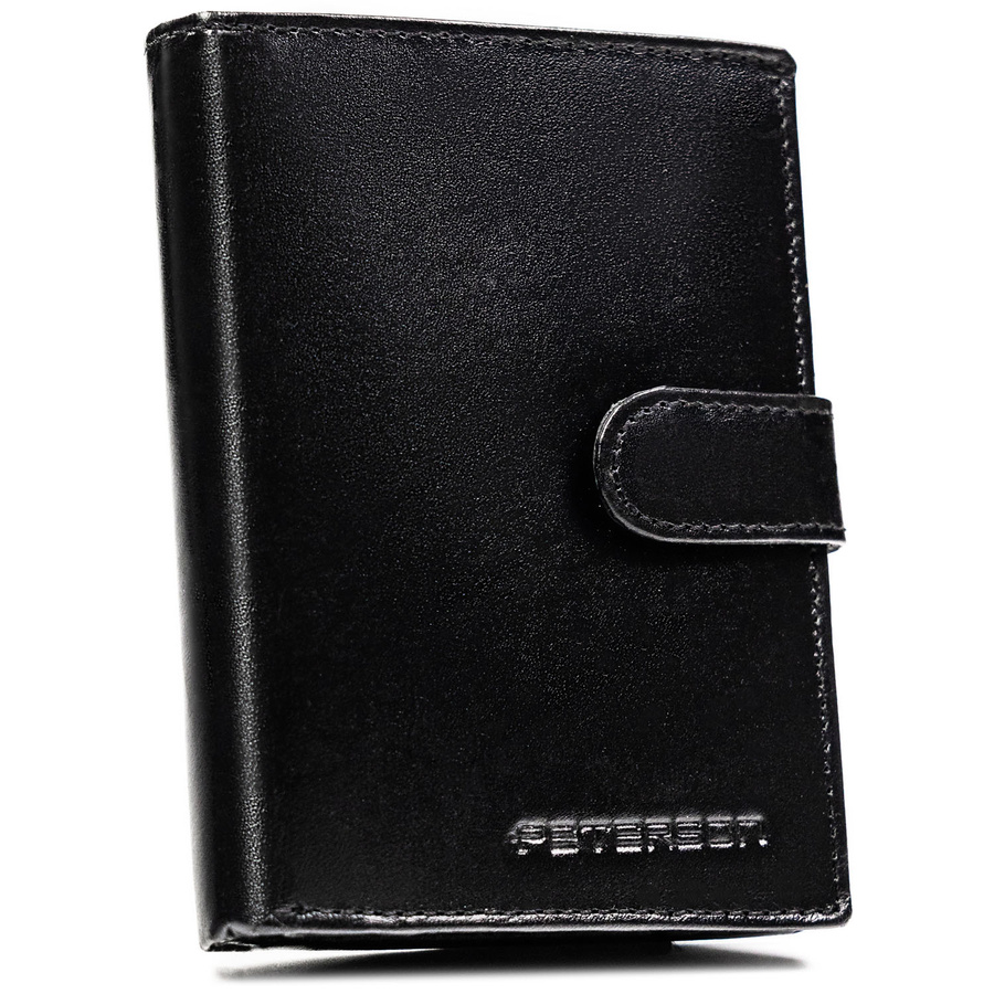 Pionowy portfel męski ze skóry naturalnej w czarnym kolorze w zestawie z brelokiem - Peterson