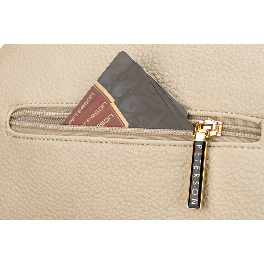 Beżowa, praktyczna, miejska nerka damska ze skóry ekologicznej, jednokomorowa - Peterson