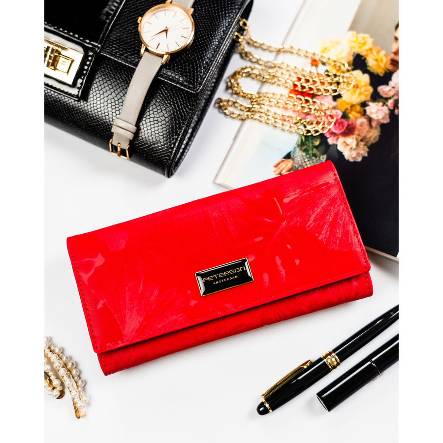 Duży, czerwony portfel damski ze skóry naturalnej i ekologicznej zamykany zatrzaskiem - Peterson