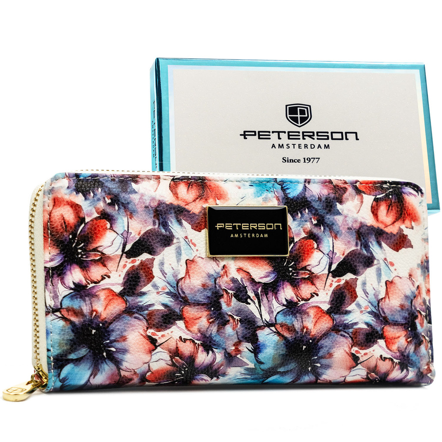 Dámska peňaženka typu peračník s kvetinovým vzorom z kože a zapínaním na zips - Peterson