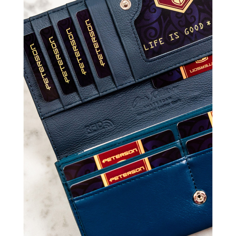 Granatowy portfel damski ze skóry naturalnej i ekologicznej zamykany na zatrzask - Peterson