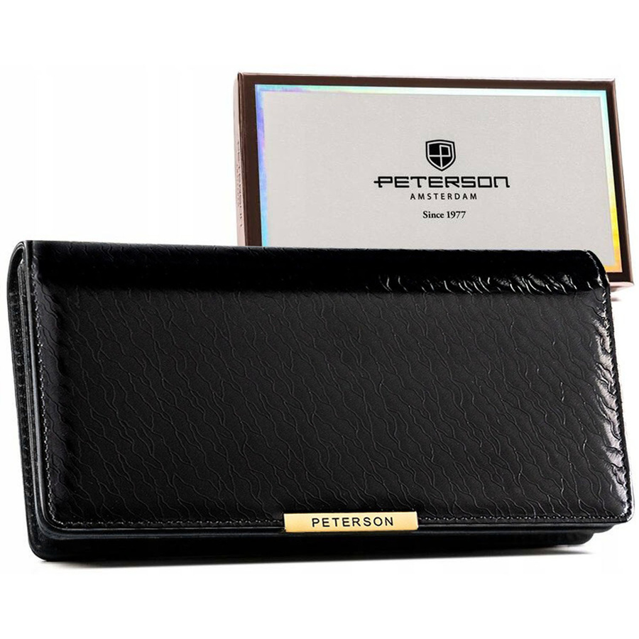 Dámska lakovaná peňaženka z ekologickej kože v čiernej farbe so zapínaním na patentku a zips – Peterson