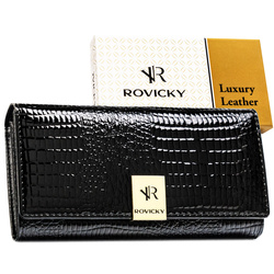 Duży, czarny portfel damski ze skóry naturalnej we wzór imitujący skórę krokodyla - Rovicky