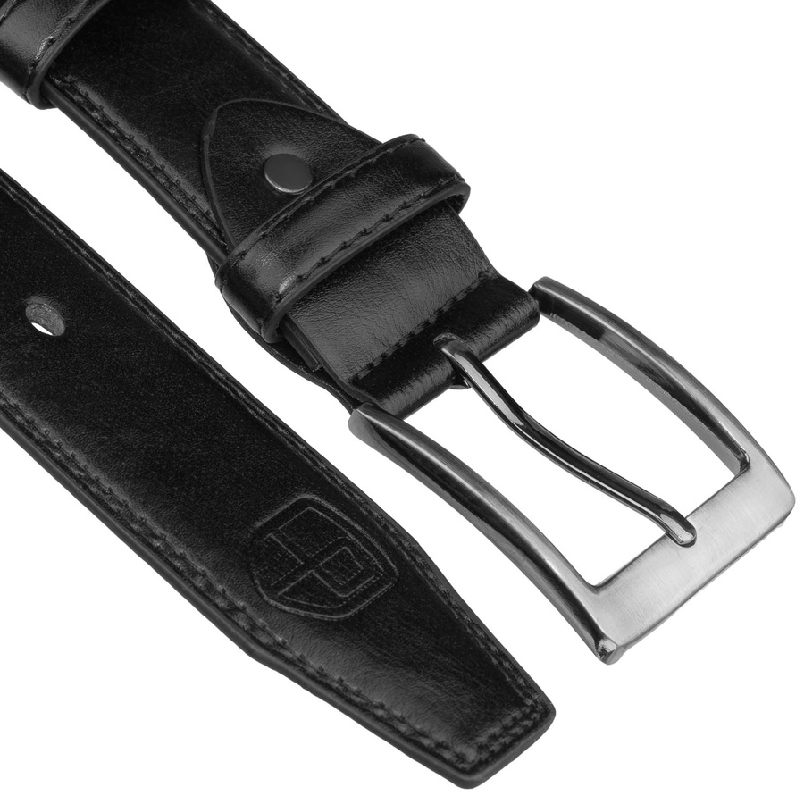 Czarny, męski pasek ze skóry ekologicznej z tradycyjną klamrą - Peterson