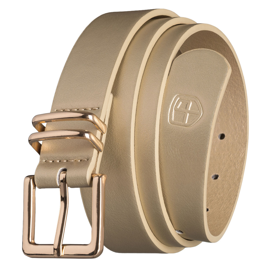 Béžový úzky dámsky opasok z ekologickej kože so zlatou prackou