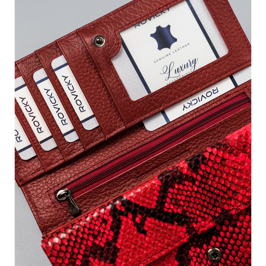 Czerwony portfel damski wykonany ze skóry naturalnej i ekologicznej ze zdobieniem na wzór skóry węża - 4U Cavaldi